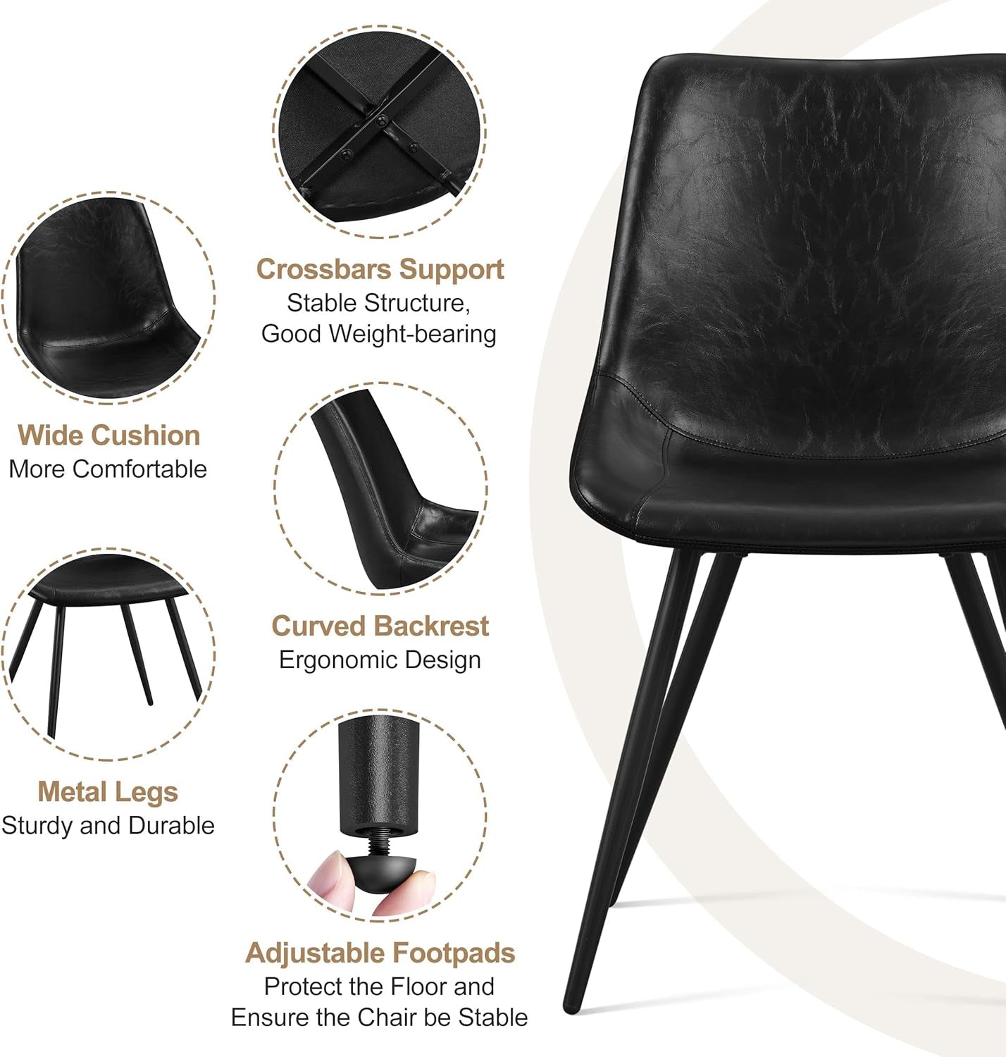 Dining Chairs Set of 2 Mid Century Modern Dining Room Chairs Faux Leather Upholstered Kitchen Chairs with Metal Legs for Kitchen Dining Room, Black ShipItFurniture