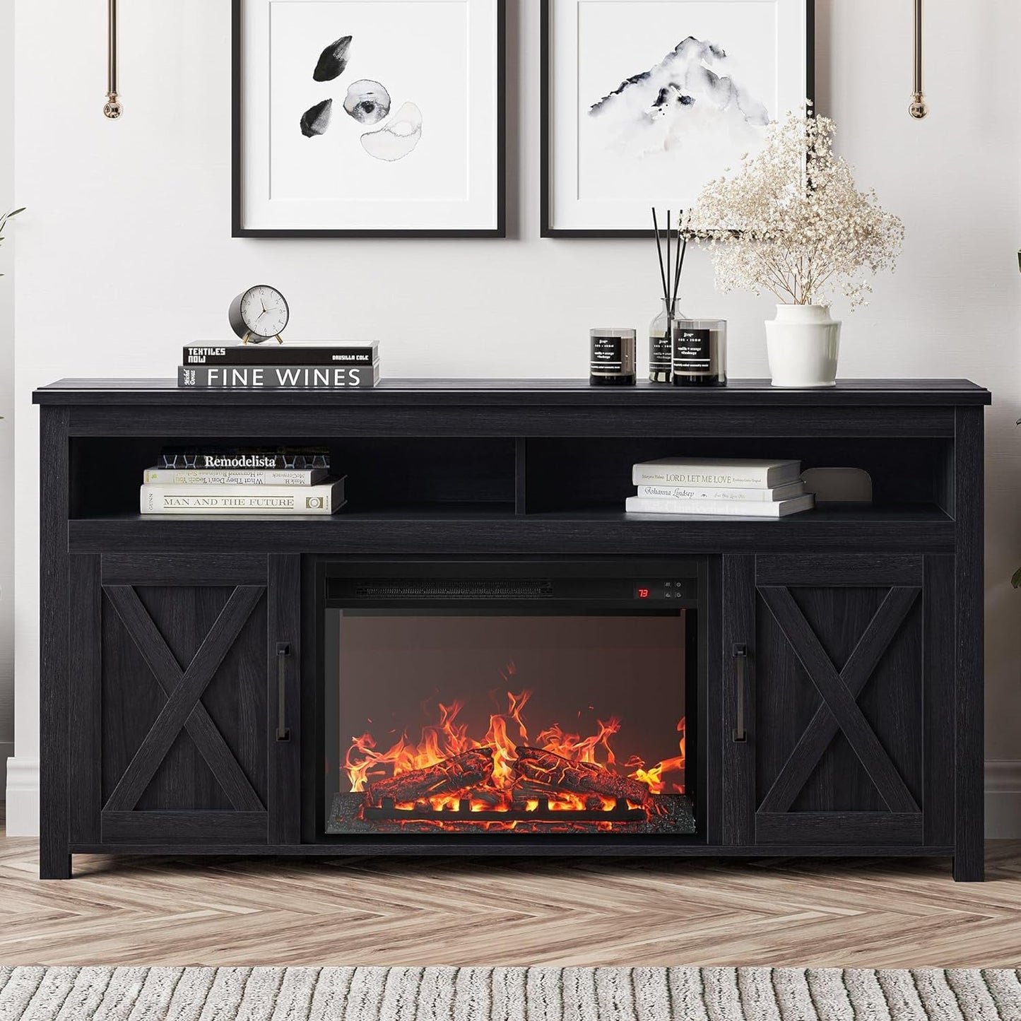 58 Inch Farmhouse TV Stand With Electric Fireplace Grey