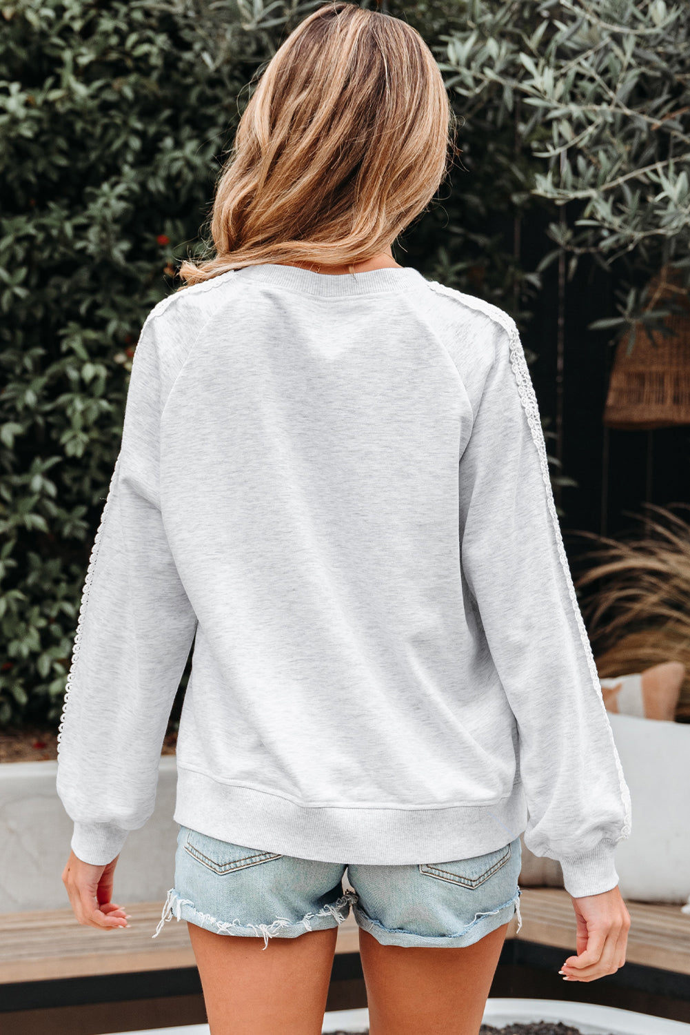 Peyton Lace Patchwork Raglan Sleeve Crew Neck Sweatshirt Threaded Pear