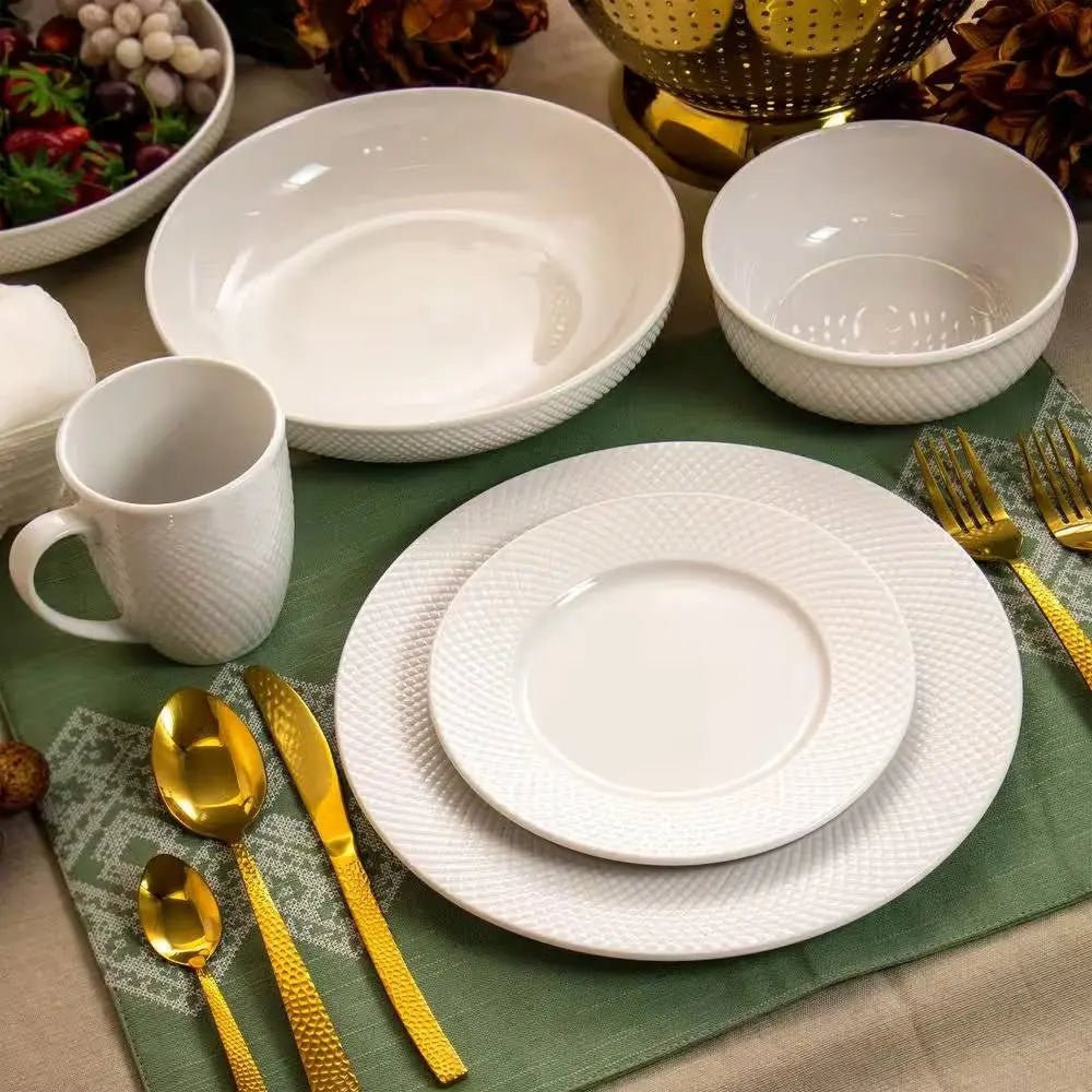 18-Piece White Porcelain Dinnerware Set with Plates Bowls Mugs - Service for 4 - Get it from Bo