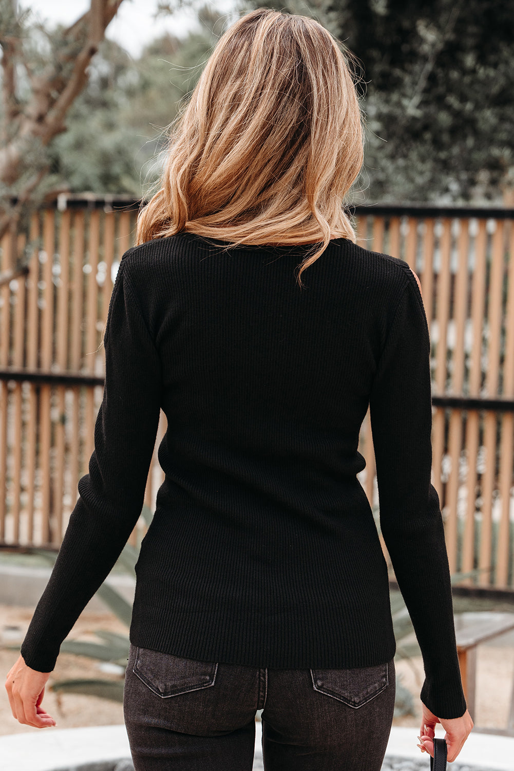 Amaya Ribbed Knit Cold Shoulder Sweater Threaded Pear