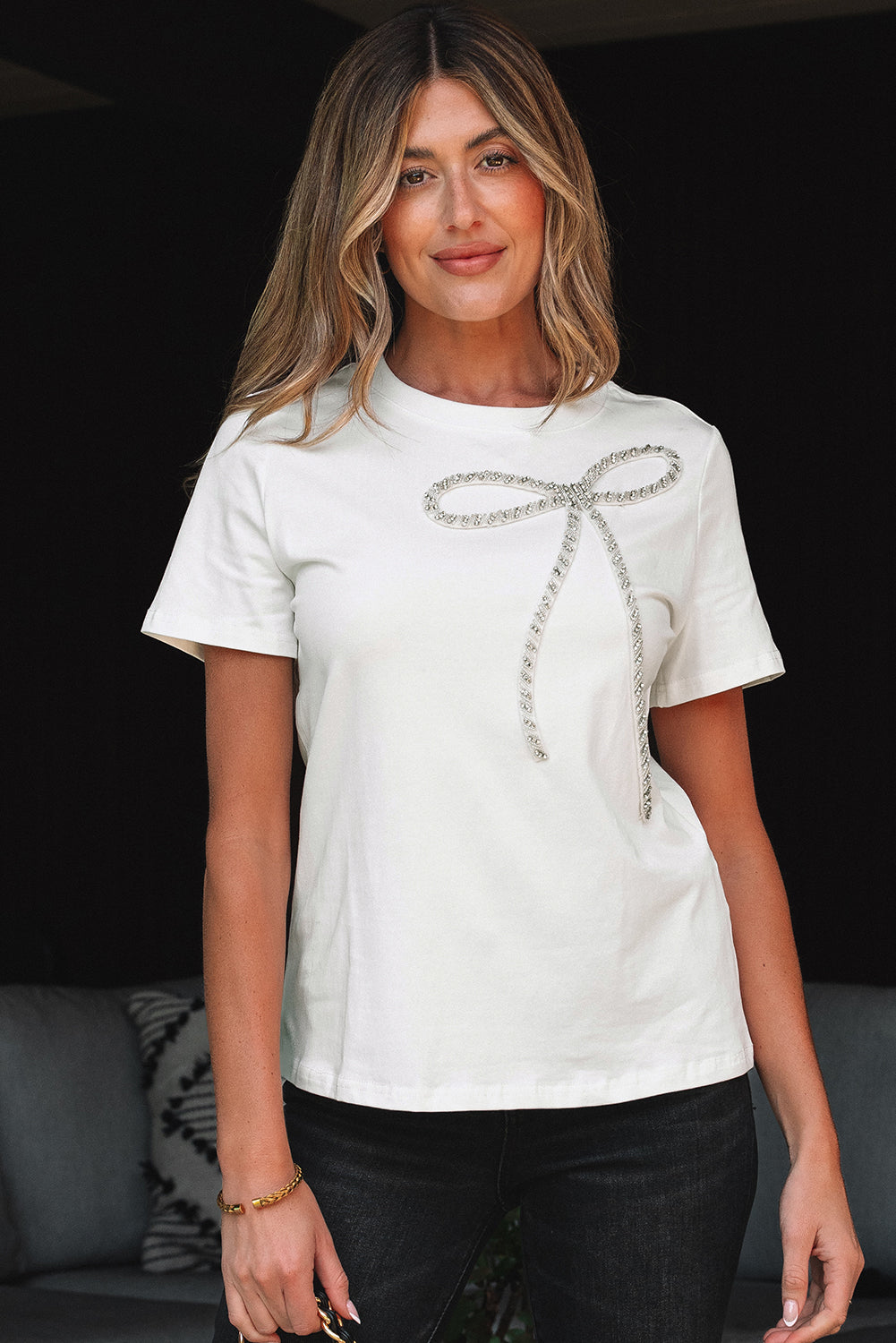 Nora Bow Embellished Round Neck Top Threaded Pear