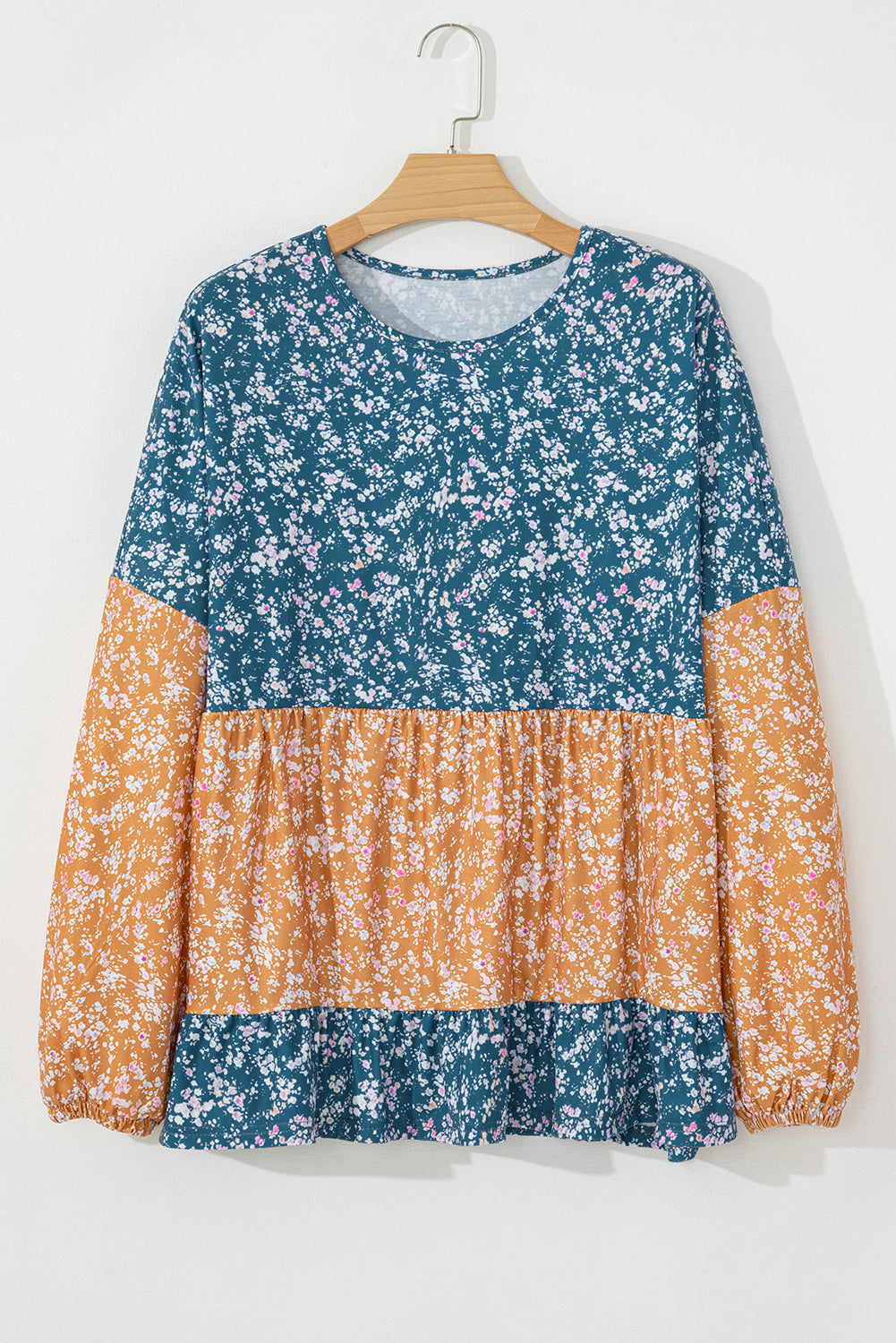 Cecilia Floral Ruffled Hem Round Neck Blouse Threaded Pear