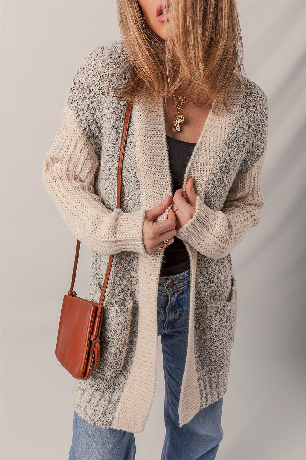 Sarah Side Pockets Open Front Cardigan Threaded Pear