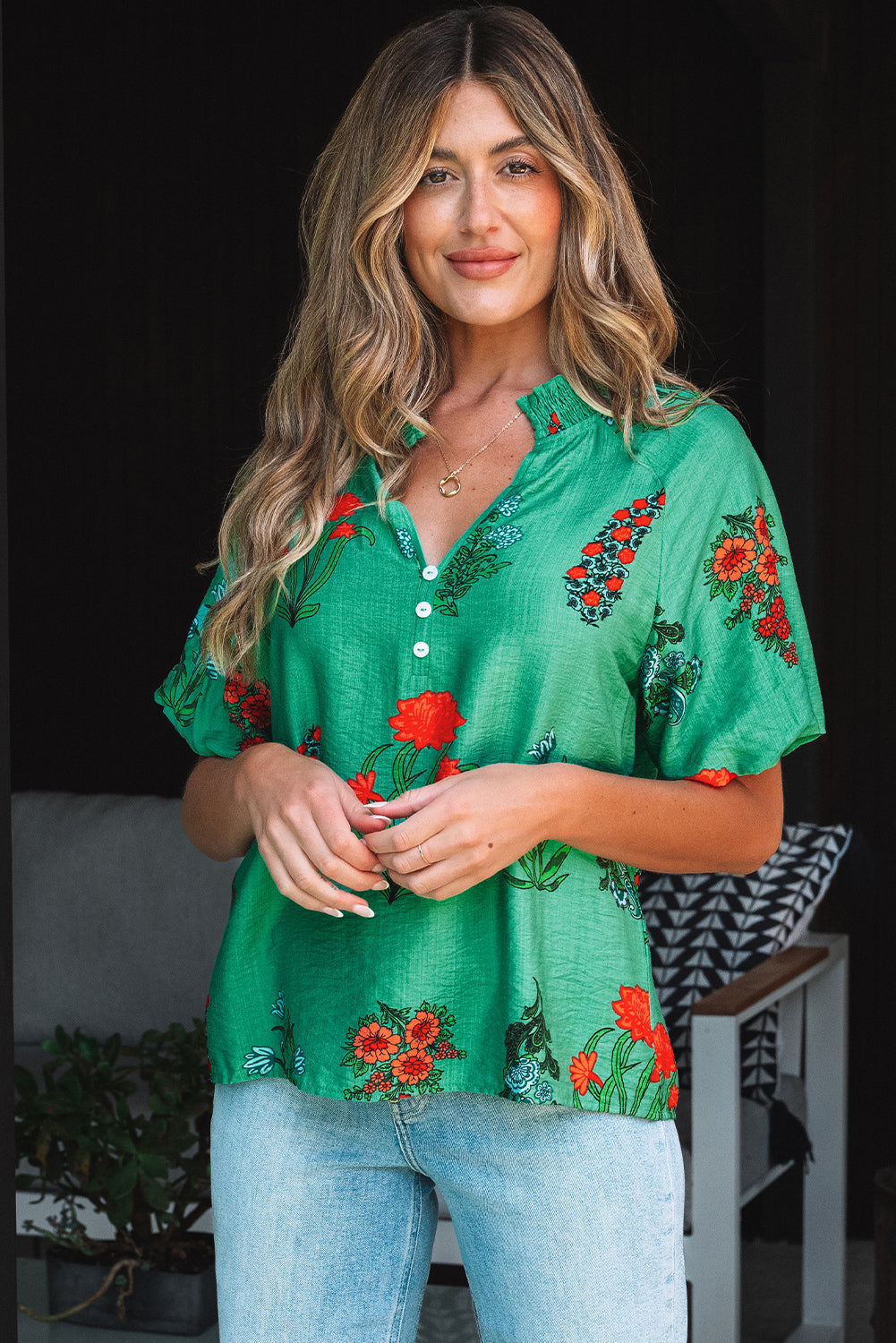 Penelope Floral Buttoned V Neck Short Sleeve Blouse Threaded Pear