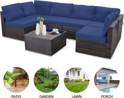 7 Pieces Outdoor Patio Furniture Sets,Rattan Conversation Sectional Set,Manual Weaving Wicker Patio Sofa with Tea Table-2