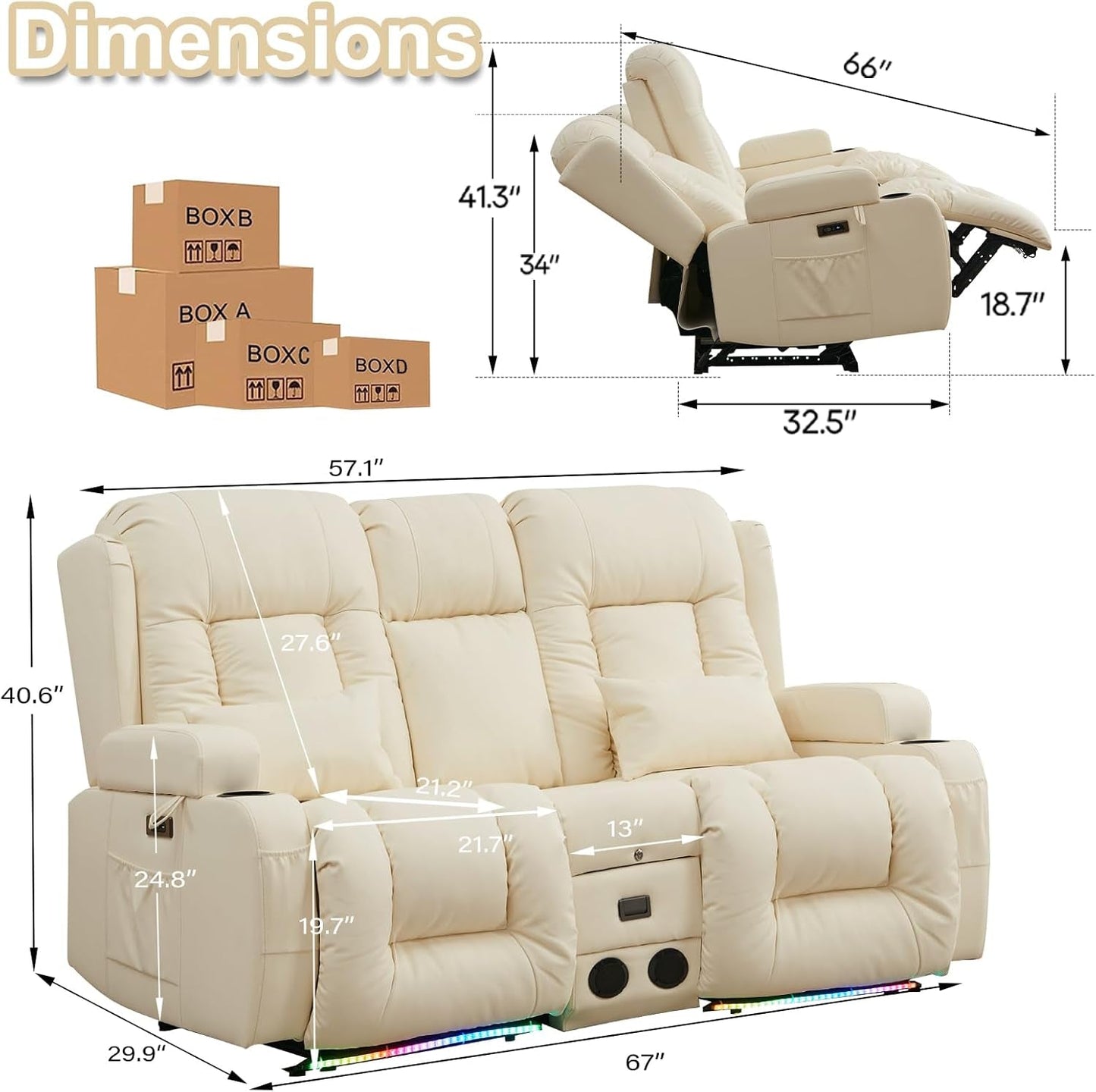 Power Loveseat Recliner Massage And Heat Cream White ShipItFurniture