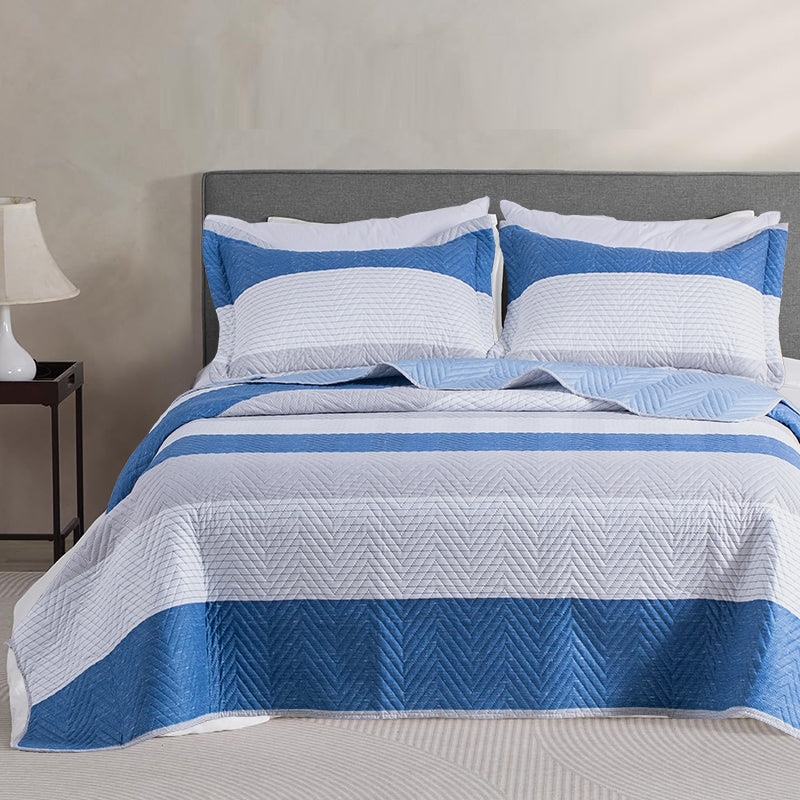 Kasentex Lightweight Reversible Stripe Quilt Set Bedding- Sky Blue and Ivory White, Room Decor, Graduation Gifts, Father's Day Gift Kasentex