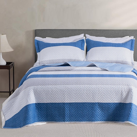 Kasentex Lightweight Reversible Stripe Quilt Set Bedding- Sky Blue and Ivory White, Room Decor, Graduation Gifts, Father's Day Gift Kasentex