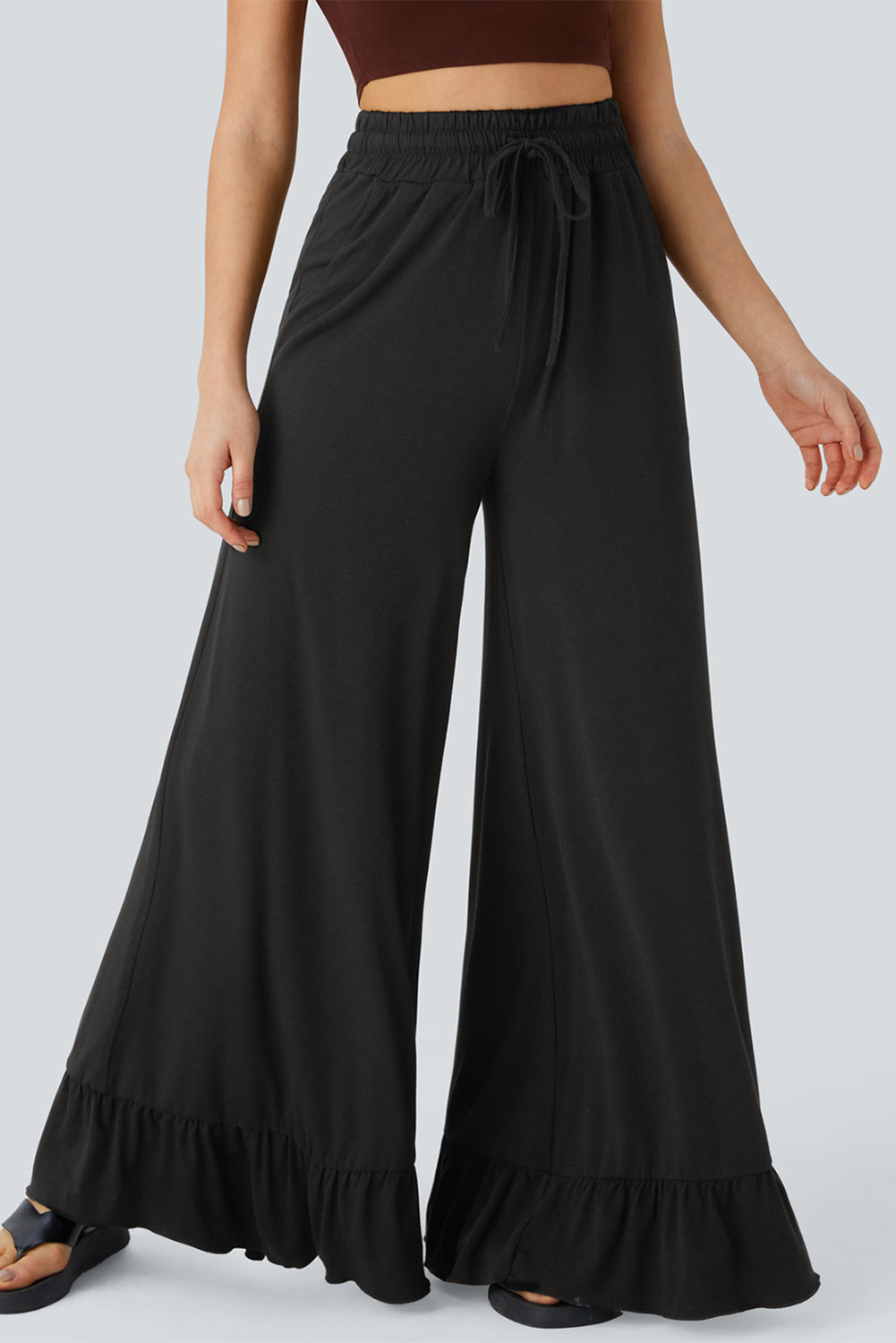 Freya Ruffled Wide Leg Pants with Pockets Threaded Pear