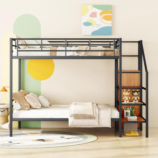 Full over Full Metal Bunk Bed，Bunk Bed with Storage Stairs and Wardrobe, Bunk Bed for Adults/Kids/Teens, Bunk Bed for School, Bedroom, Black ShipItFurniture