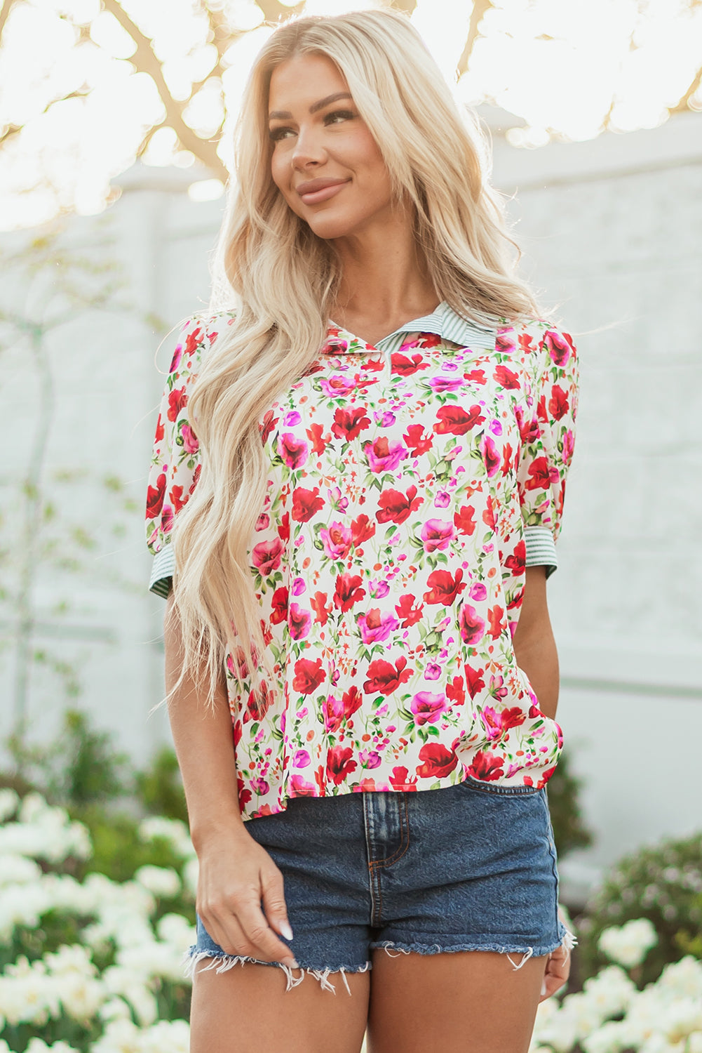 Romy Floral Striped Patchwork Collared Short Sleeve Blouse