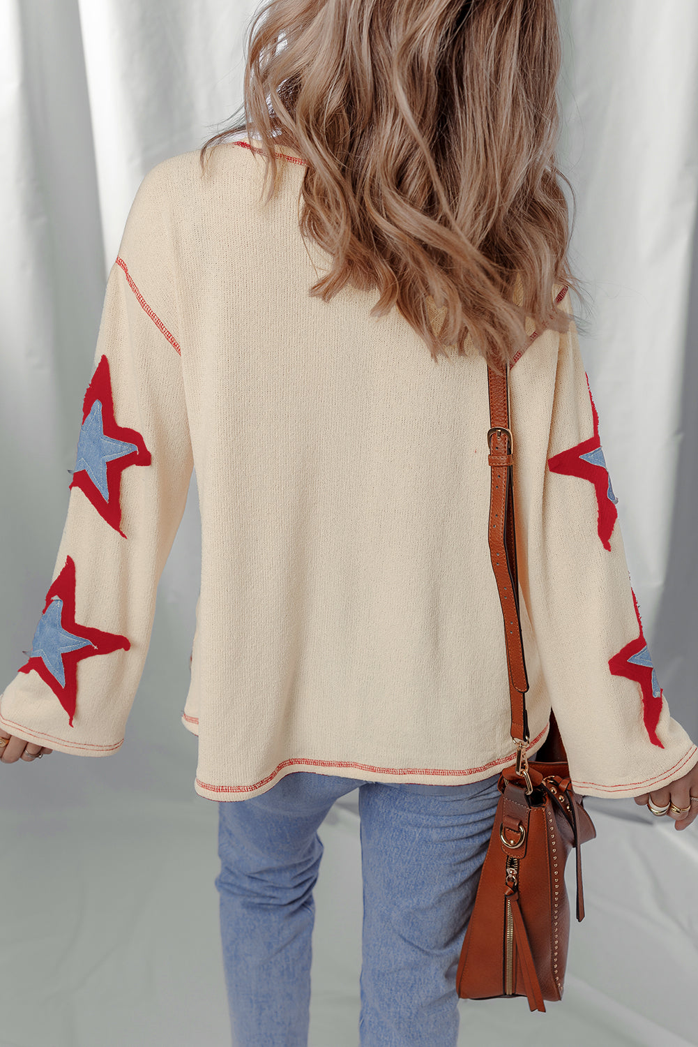 USA Patchwork Exposed Seam Long Sleeve Top Threaded Pear