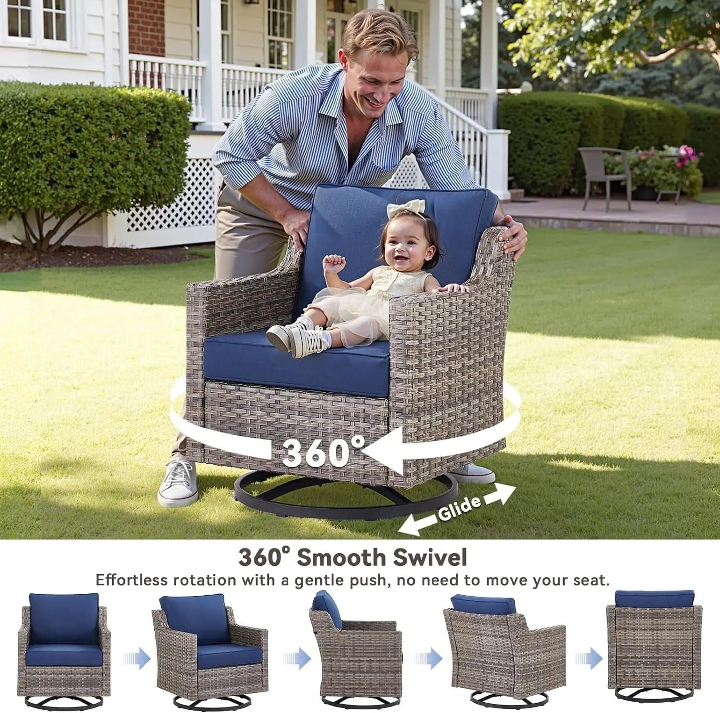 Outdoor Patio Furniture Set-5 Pieces All-Weather Wicker Outdoor Furniture with Swivel Patio Chairs Outdoor Patio Conversation Sets for Garden Porch Deck Grey/Blue-1