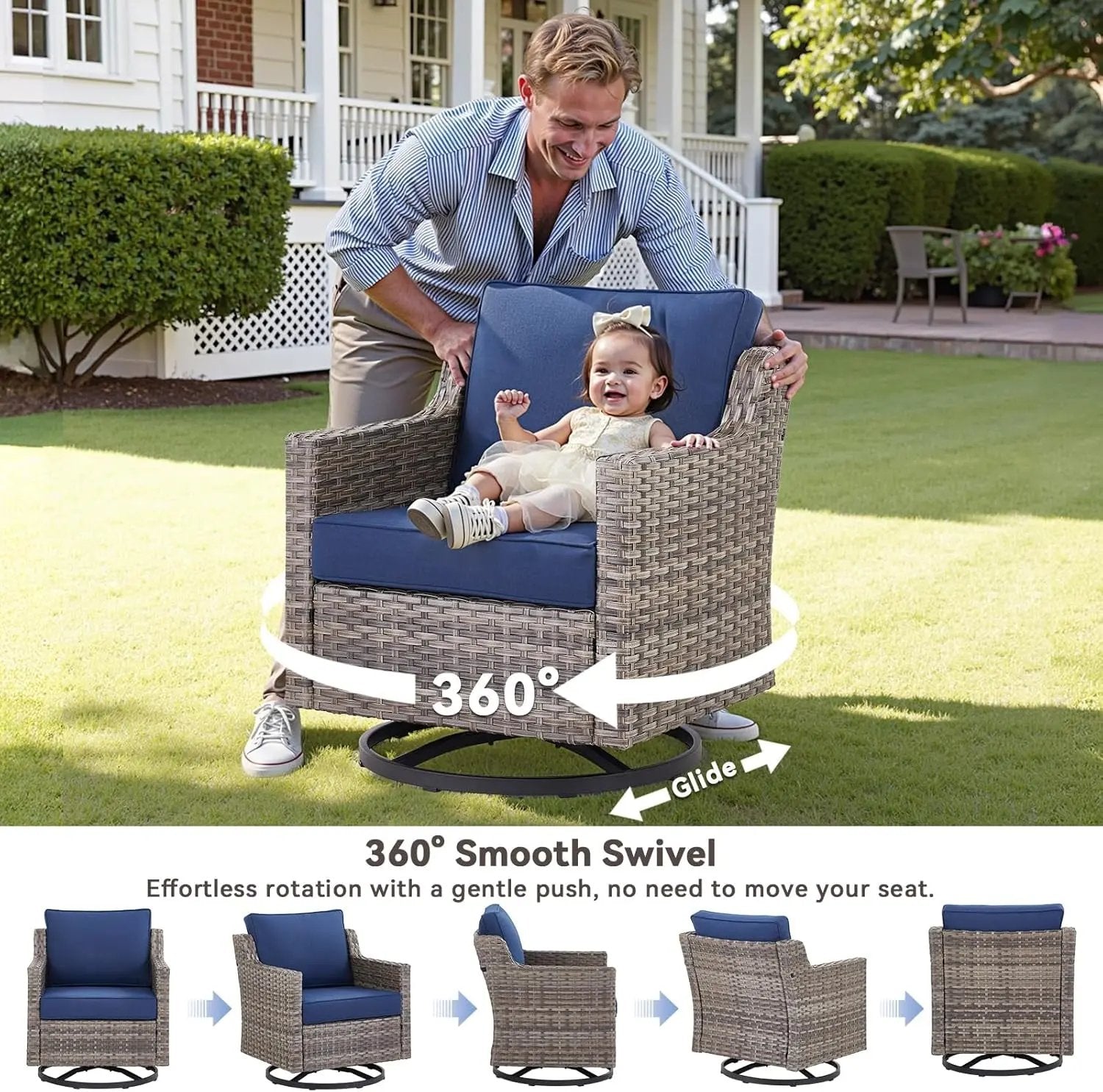 Outdoor Patio Furniture Set-5 Pieces All-Weather Wicker Outdoor Furniture with Swivel Patio Chairs Outdoor Patio Conversation Sets for Garden Porch Deck Grey/Blue-1