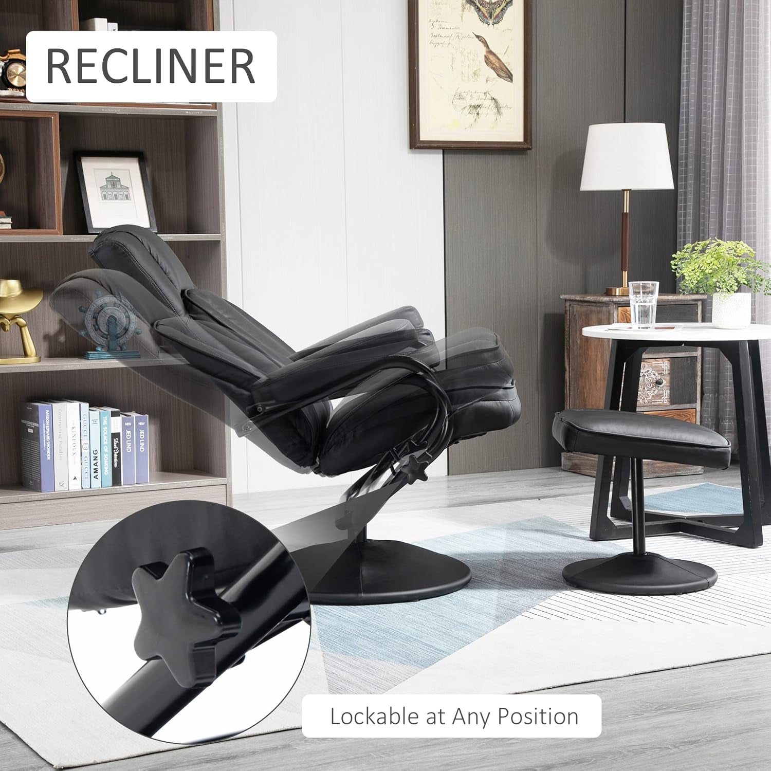 Black PU Leather Swivel Recliner With Ottoman Footrest ShipItFurniture