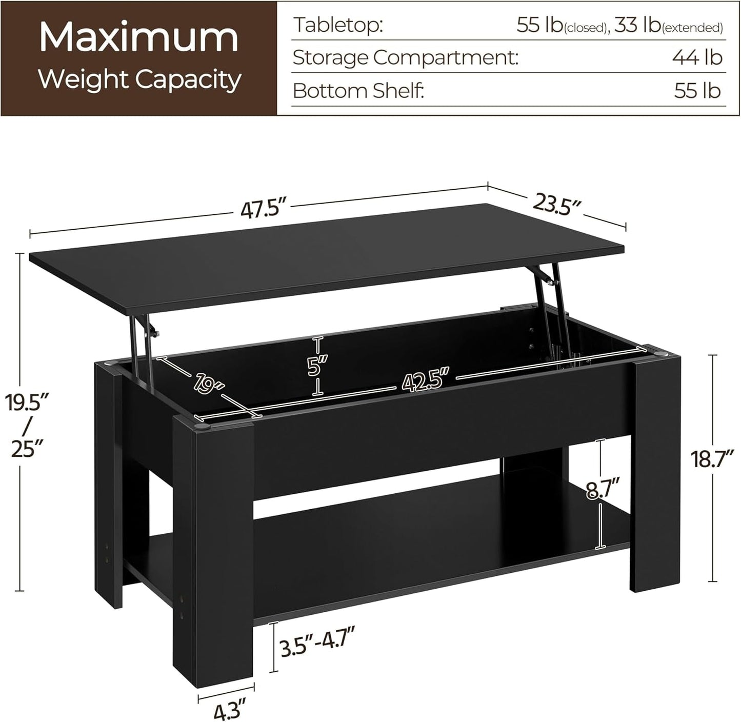 Lift Top Coffee Table With Hidden Compartment 47.5 Inch ShipItFurniture