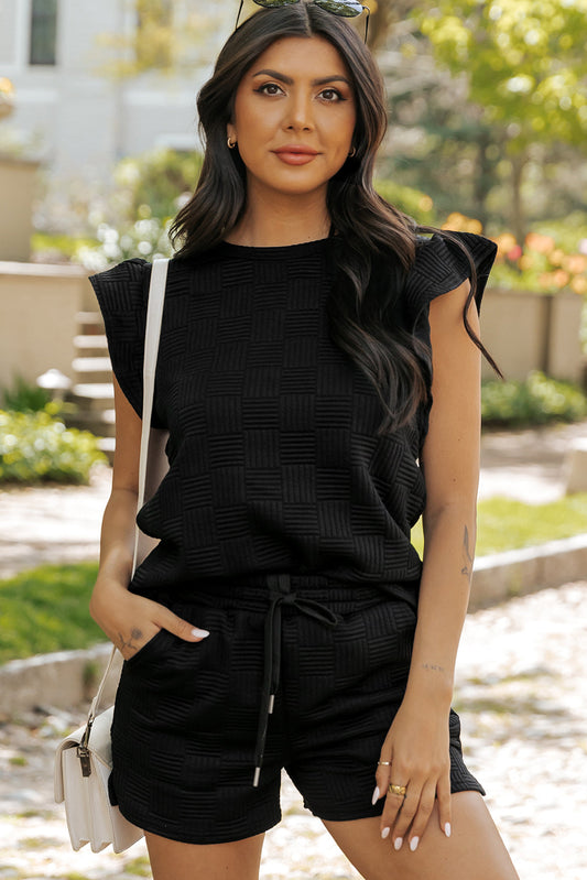 Pearl Textured Ruffled Sleeve Tee and Shorts Set