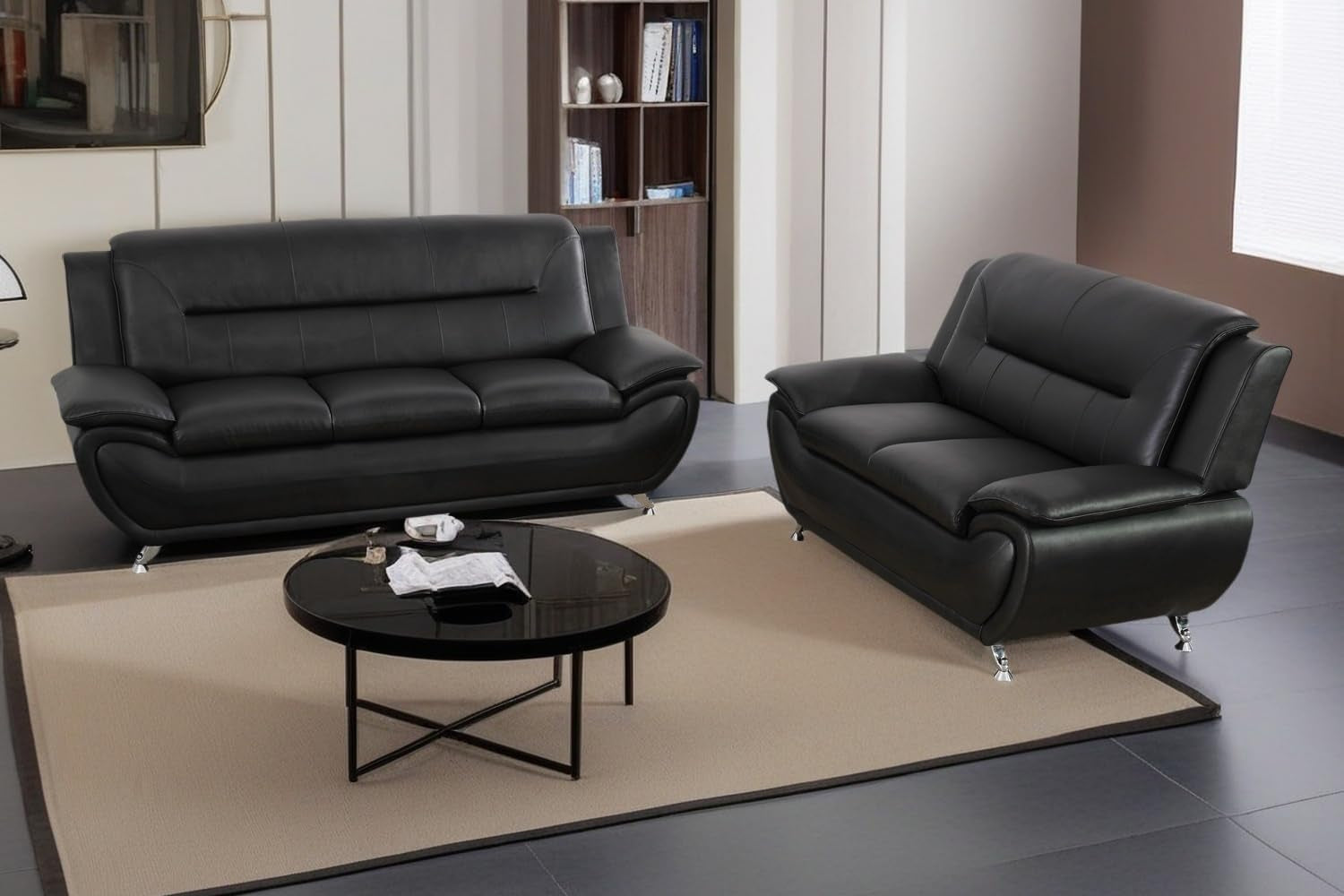 Black 5 Seat Faux Leather Sectional Sofa Set For Living Room ShipItFurniture