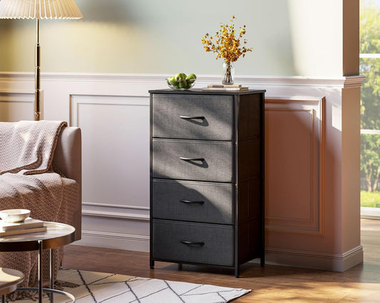 Dresser for Bedroom with 4 Storage Drawers, Small Dresser Chest of Drawers Fabric Dresser with Sturdy Steel Frame, Dresser for Closet with Wood Top, Dark Grey ShipItFurniture