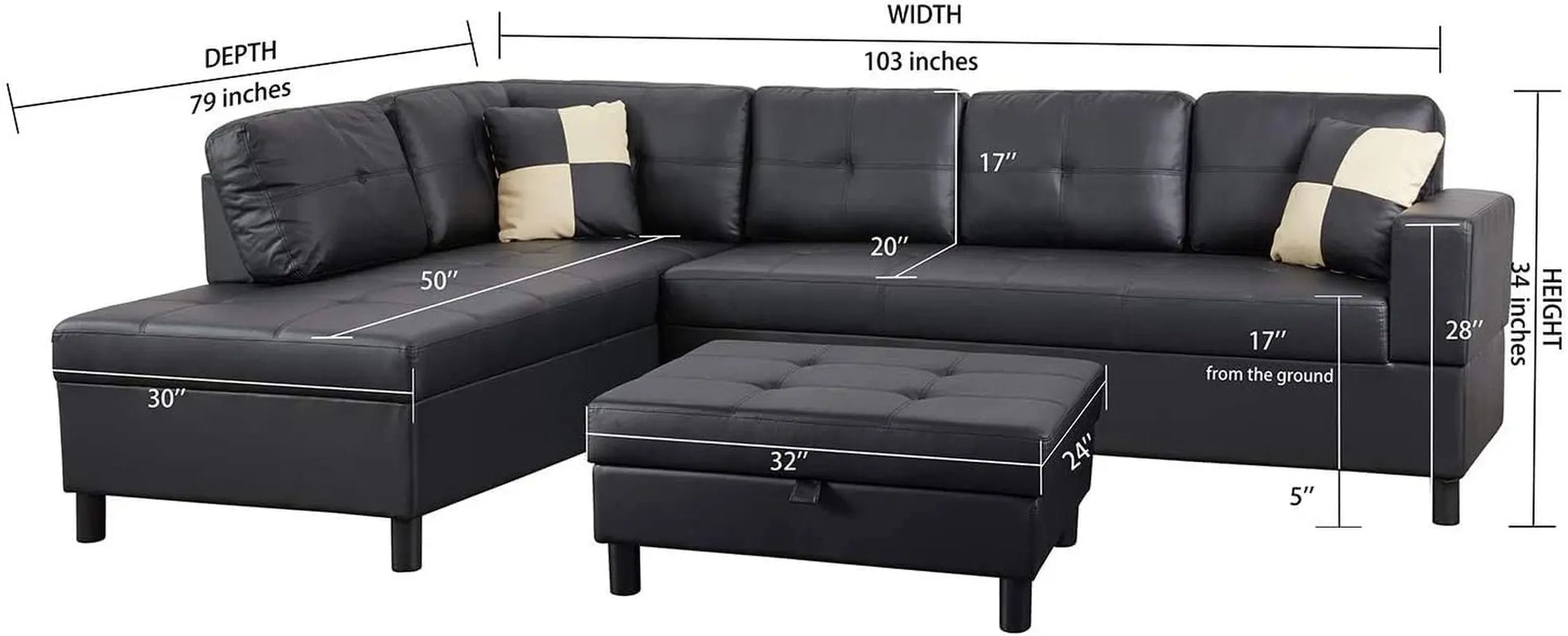 Faux Leather Sectional Sofa With Chaise Black For Living ShipItFurniture