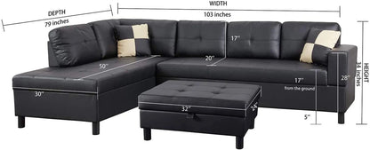 Faux Leather Sectional Sofa With Chaise Black For Living ShipItFurniture