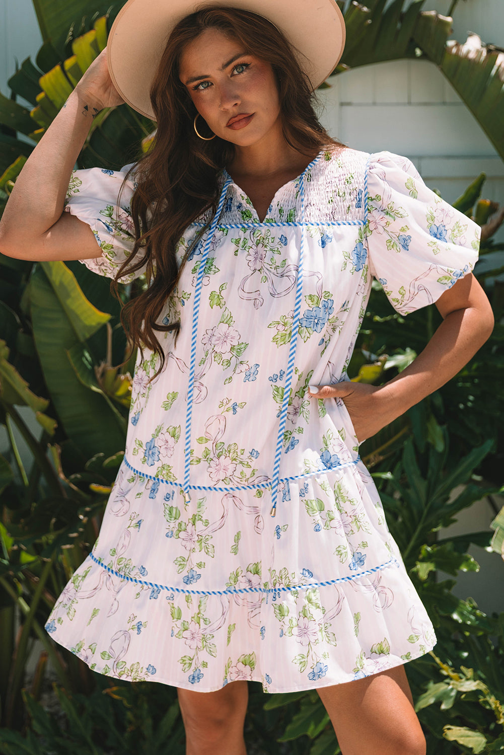 Celina Floral Striped Trim Tie Split Neck Mini Dress