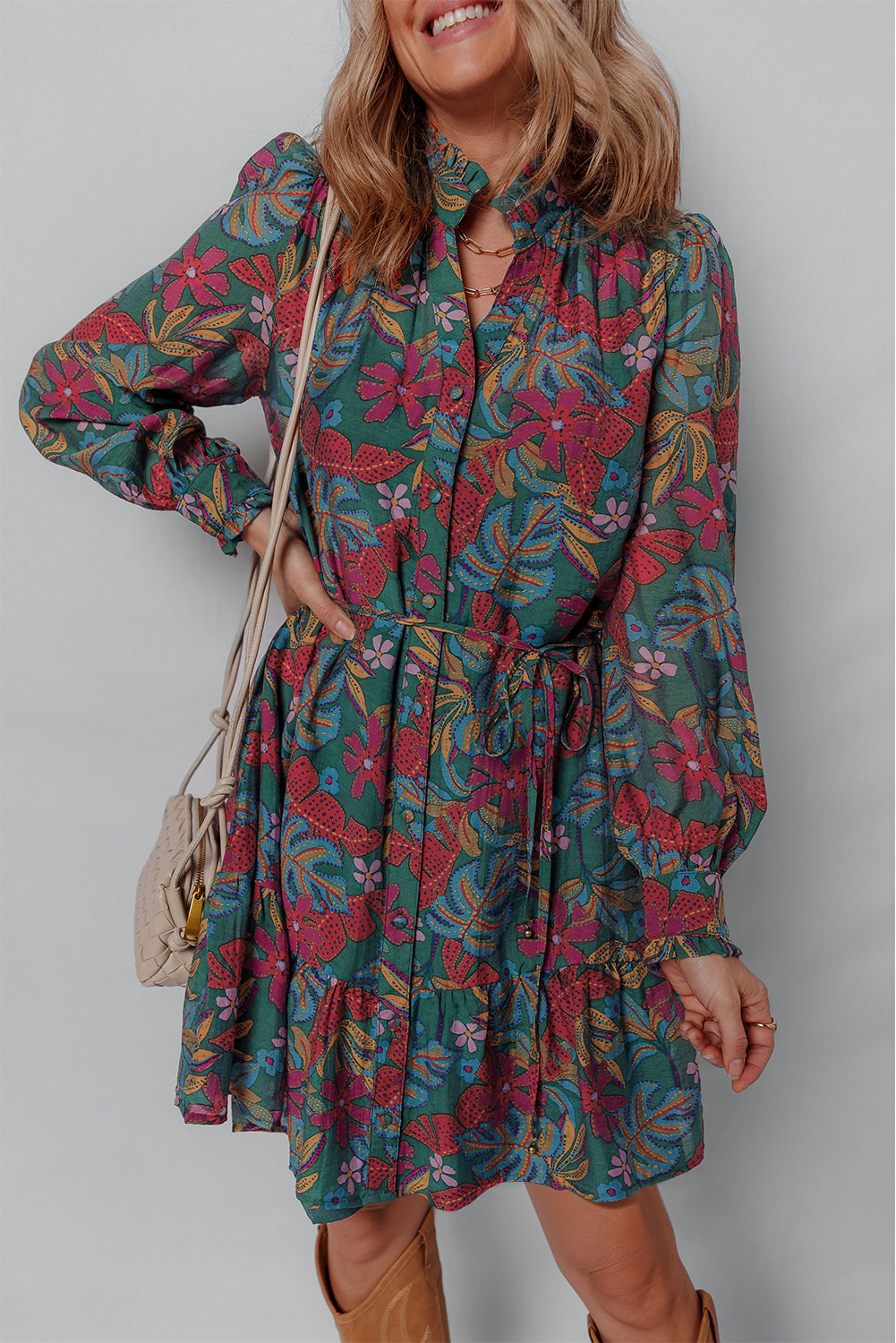 Maria Floral V Neck Puff Sleeve Dress Threaded Pear