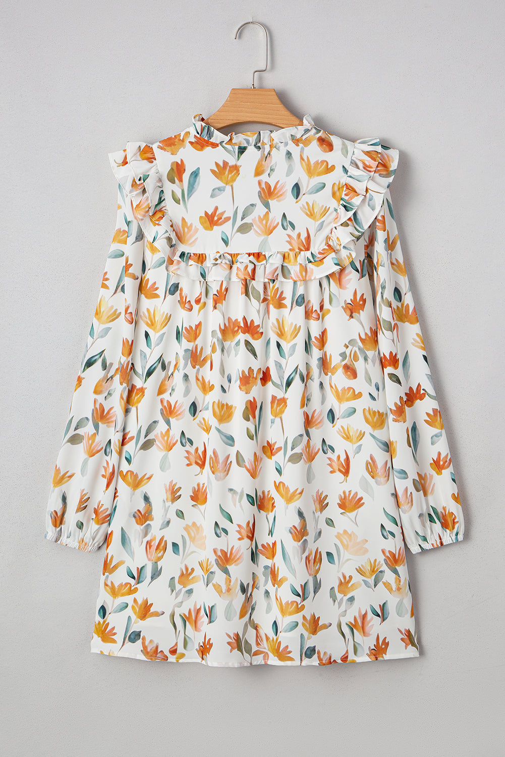 Katherine Floral Tie Neck Frilled Long Sleeve Dress Threaded Pear