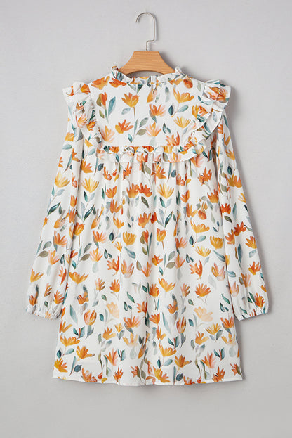 Katherine Floral Tie Neck Frilled Long Sleeve Dress
