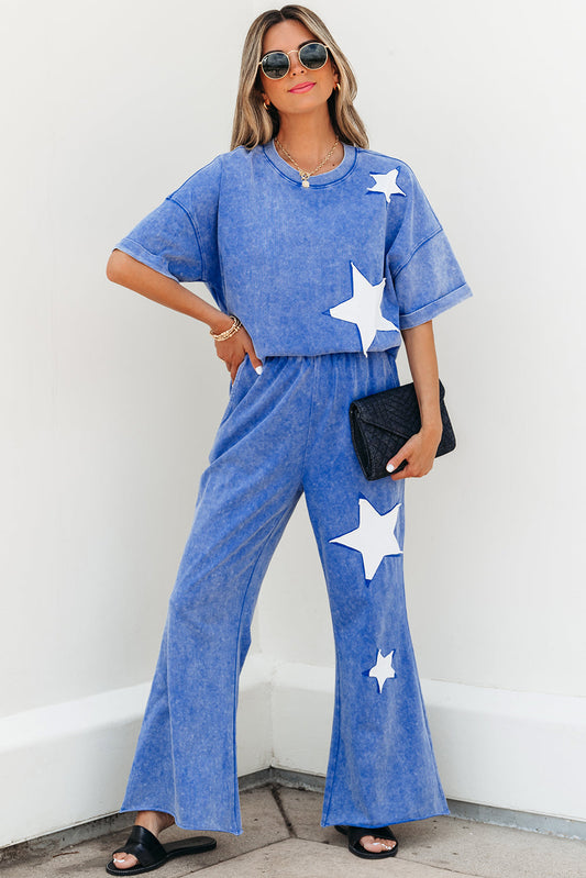 Arabella Acid Wash Star Patched Rolled Trim Pants Set Threaded Pear