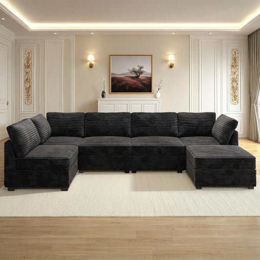 Modular Sectional Sofa Black Corduroy Convertible Sleeper ShipItFurniture