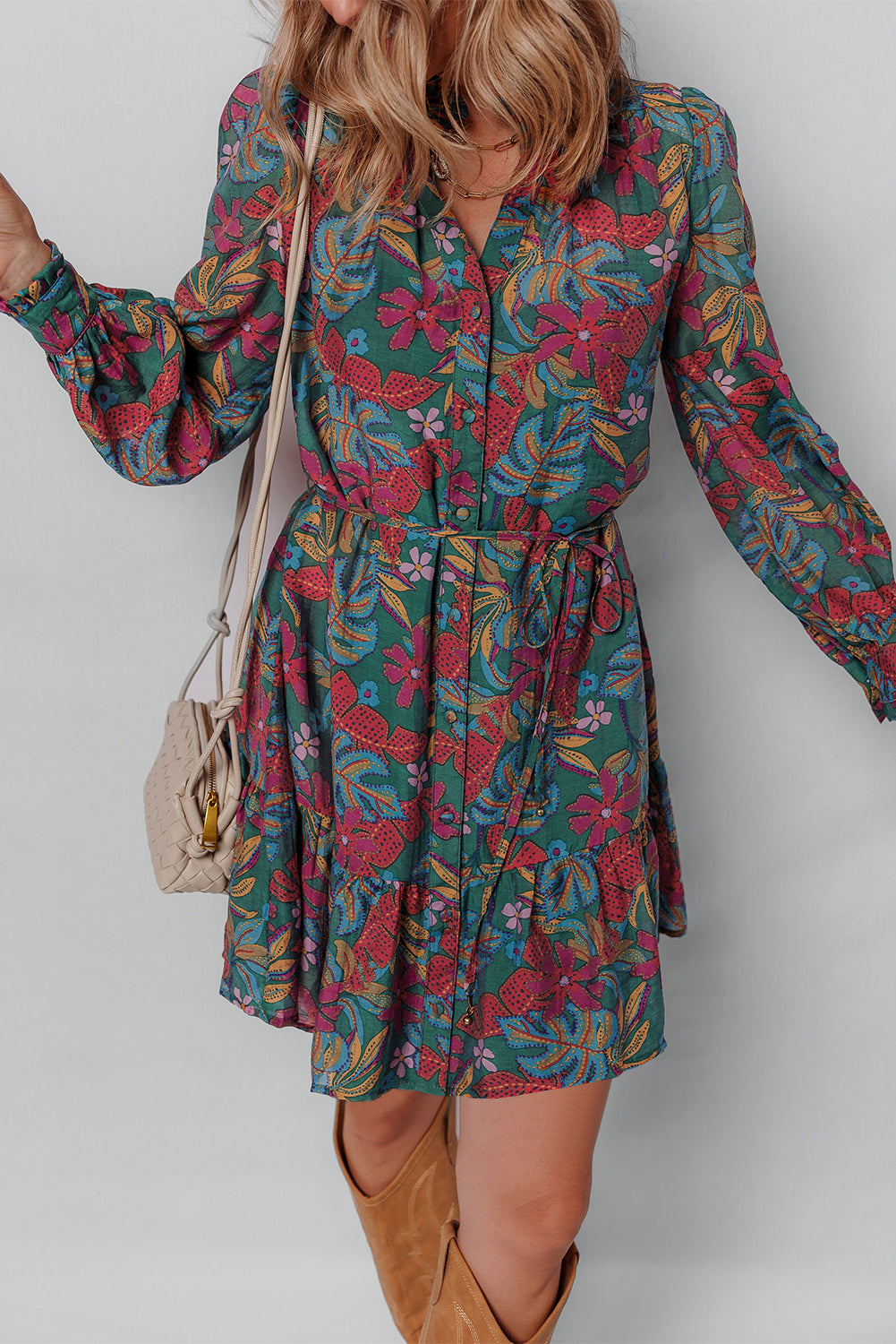 Maria Floral V Neck Puff Sleeve Dress Threaded Pear