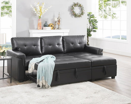 Jenny Sectional Sleeper Sofa With Storage Chaise In Black Air Leather ShipItFurniture