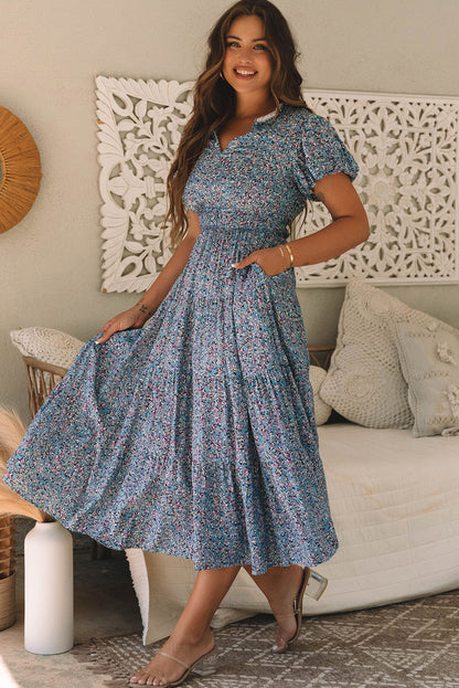 Helena Shirred Short Puff Sleeve Maxi Dress
