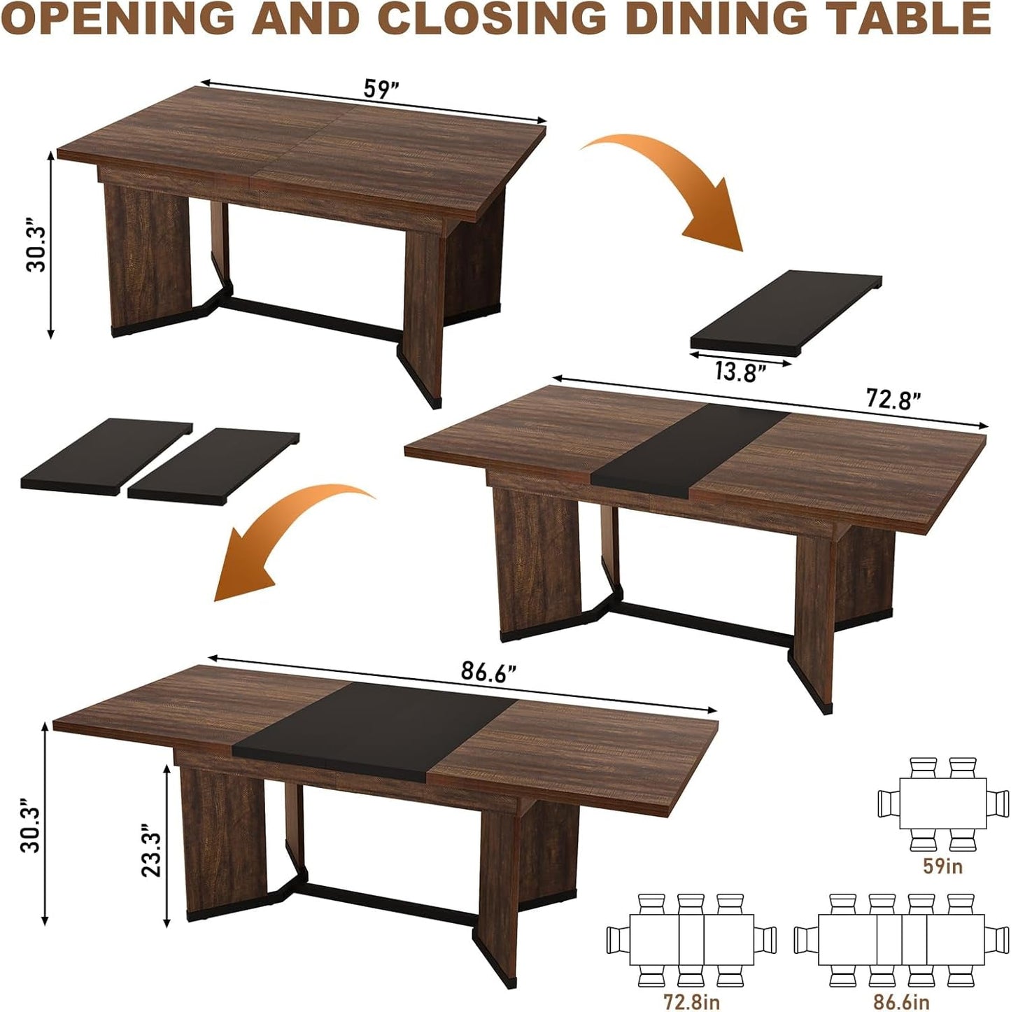 Extendable Dining Table 59 to 86 Inches Removable Leaves ShipItFurniture
