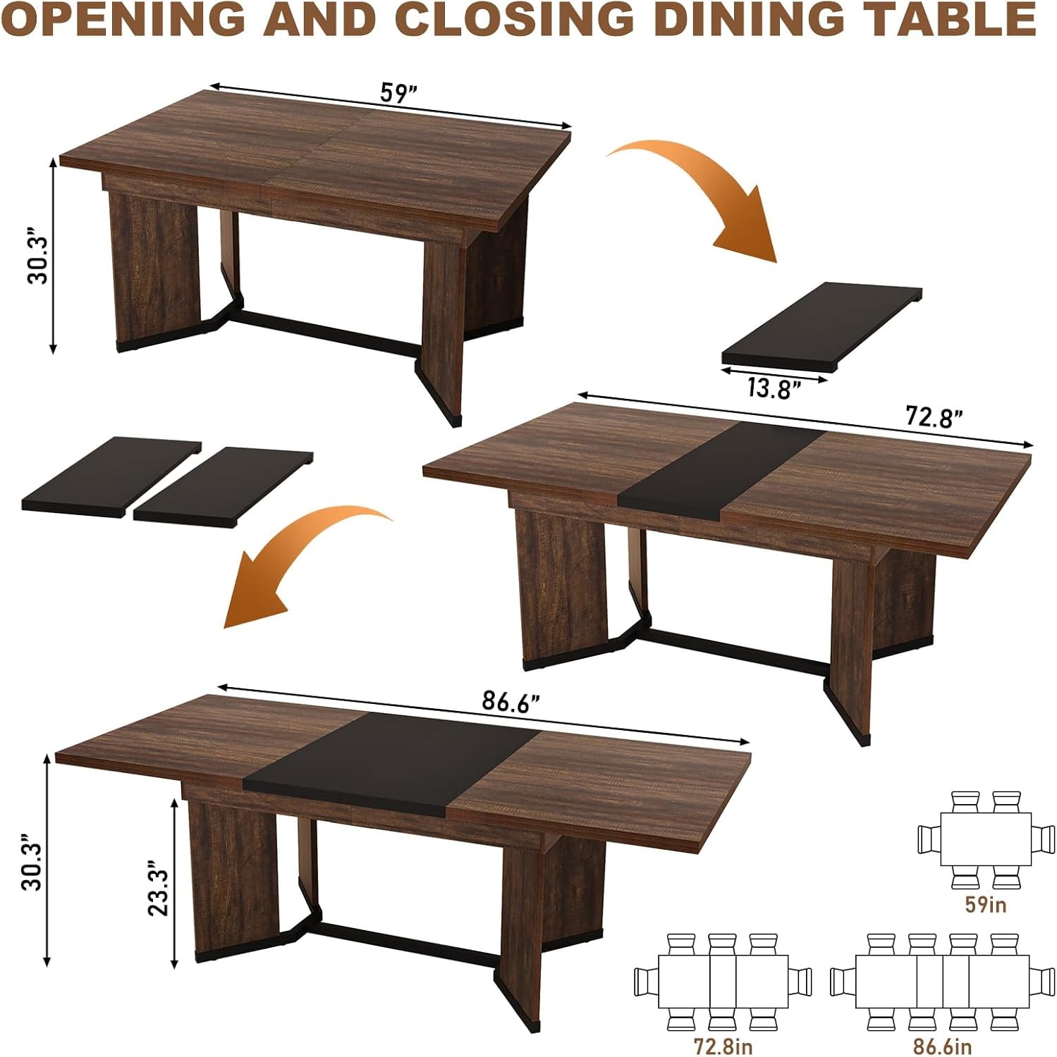 Extendable Dining Table 59 to 86 Inches Removable Leaves ShipItFurniture