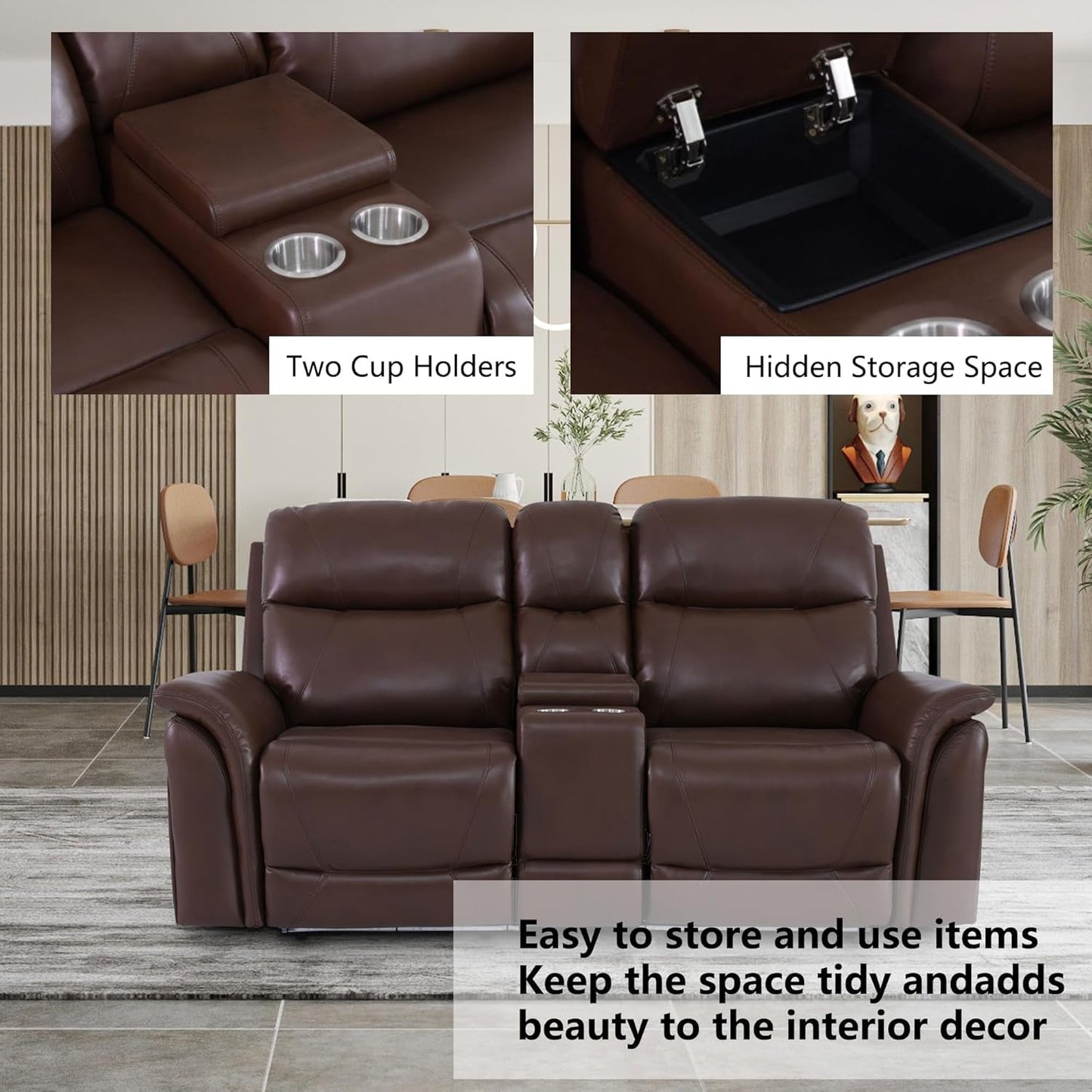 Power Recliner Sofa Set With LED Leather 3 Piece Brown Living Room ShipItFurniture