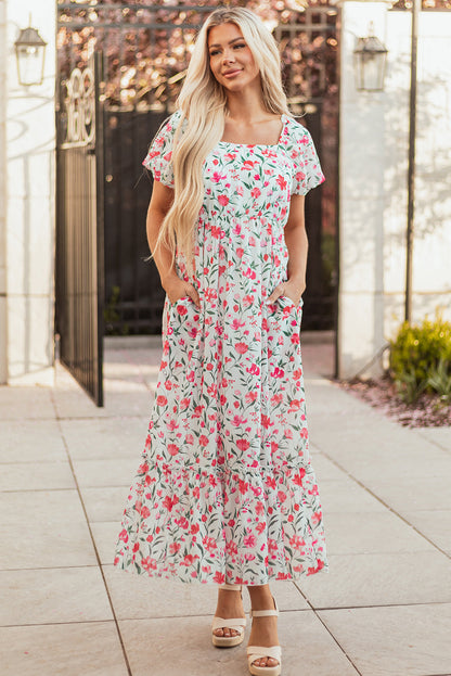 Molly Floral Square Neck Empire Waist Tiered Maxi Dress