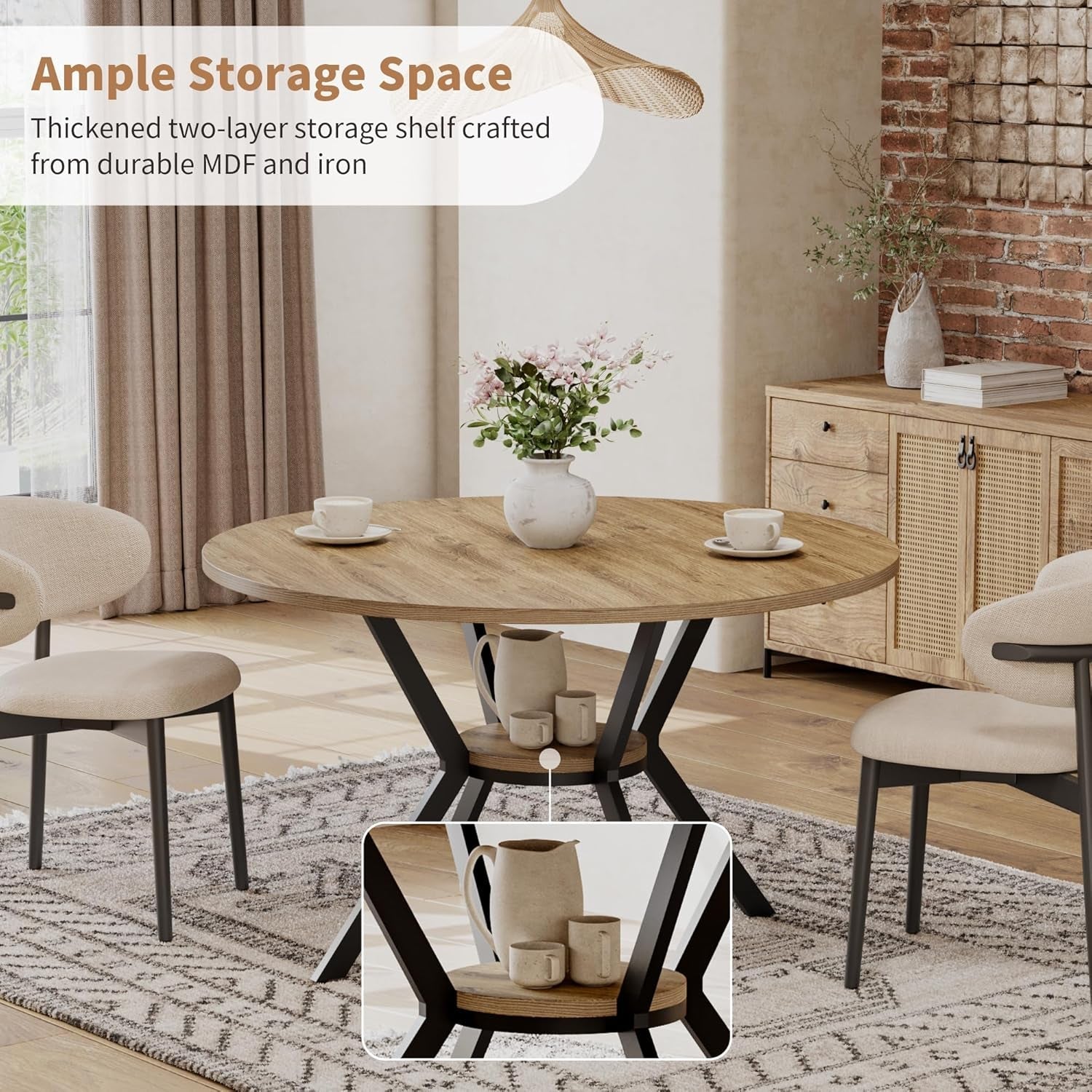 42 Inch Round Farmhouse Dining Table With Compact Storage ShipItFurniture