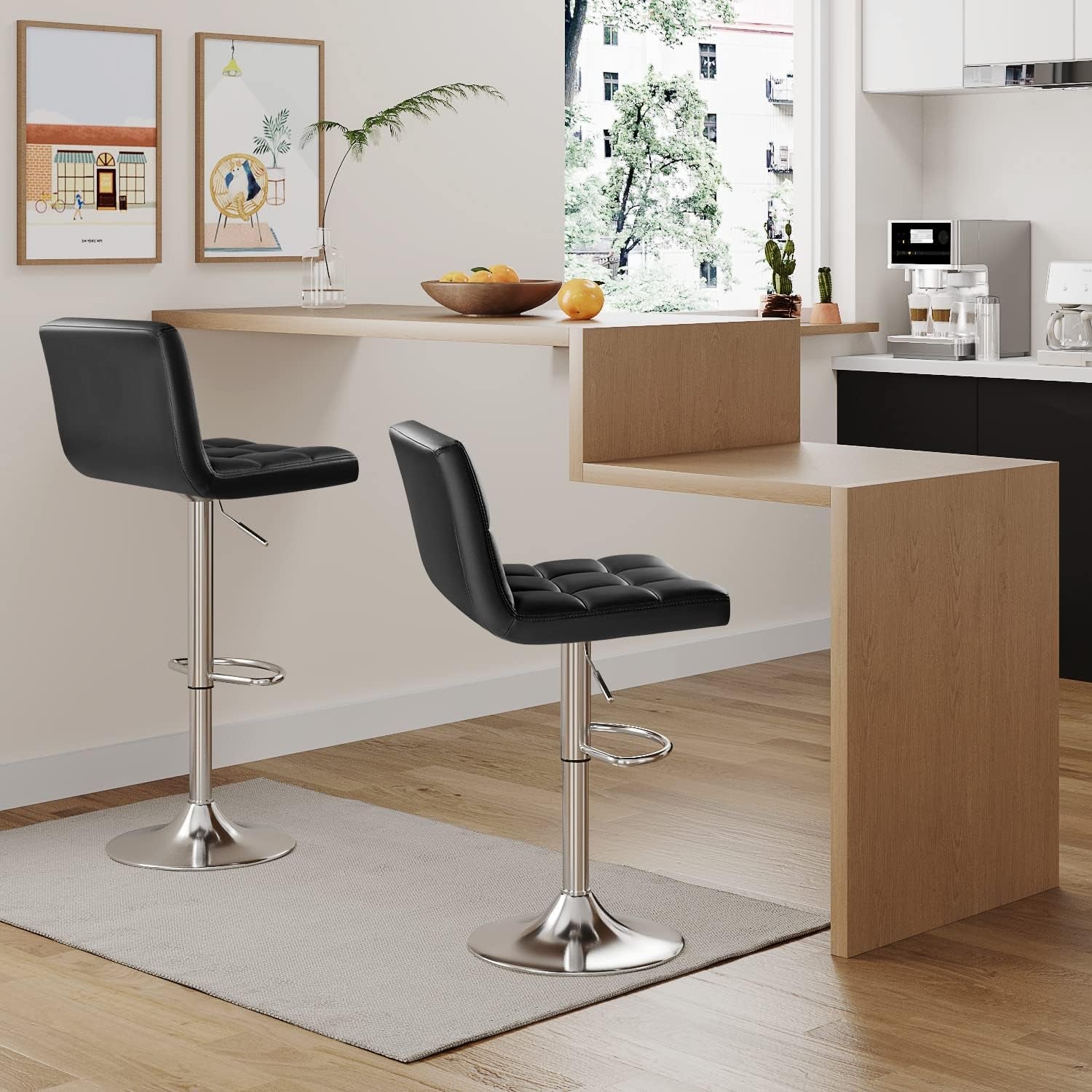 Bar Stools Modern Pu Leather Swivel Adjustable Hydraulic Bar Stool Square Counter Height Stool Set of 2 (Black) ShipItFurniture