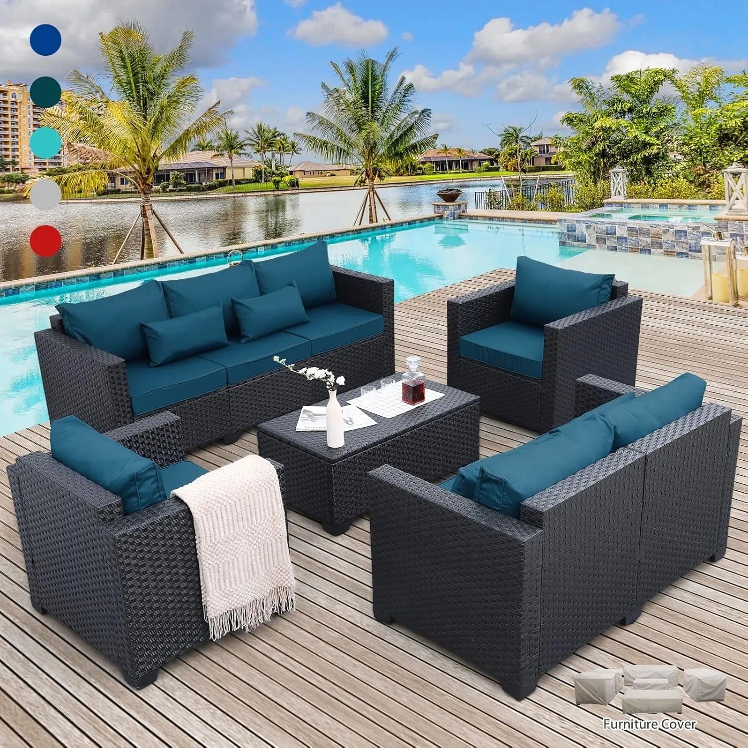 Patio Furniture Set 5 Pieces Outdoor Furniture Sets Patio Couch Outdoor Chairs Coffee Table Peacock Blue Anti-Slip Cushions and Waterproof Covers ShipItFurniture