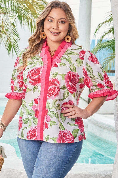 Elise Plus Size Floral Frilled Stripes Blouse