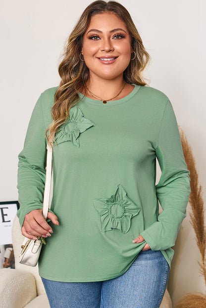 Grass Green Flower Applique Mineral Wash Plus Size Top