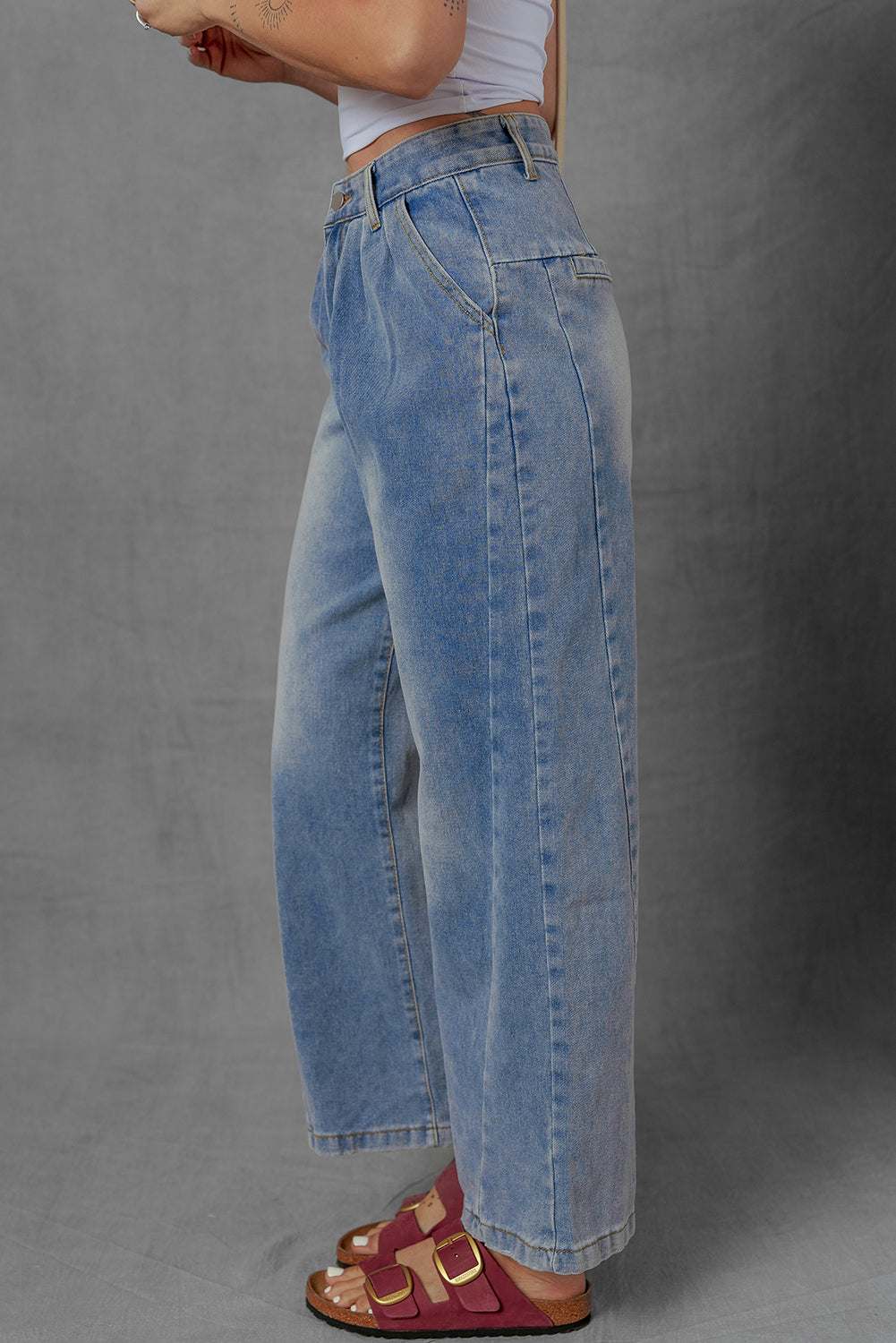 Scottie Blue Washed Pleated Detail Wide Leg Jeans Threaded Pear