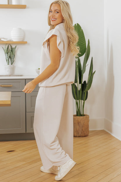 Kallie Ruffled Sleeve Zipped Top and Wide Leg Pants Set