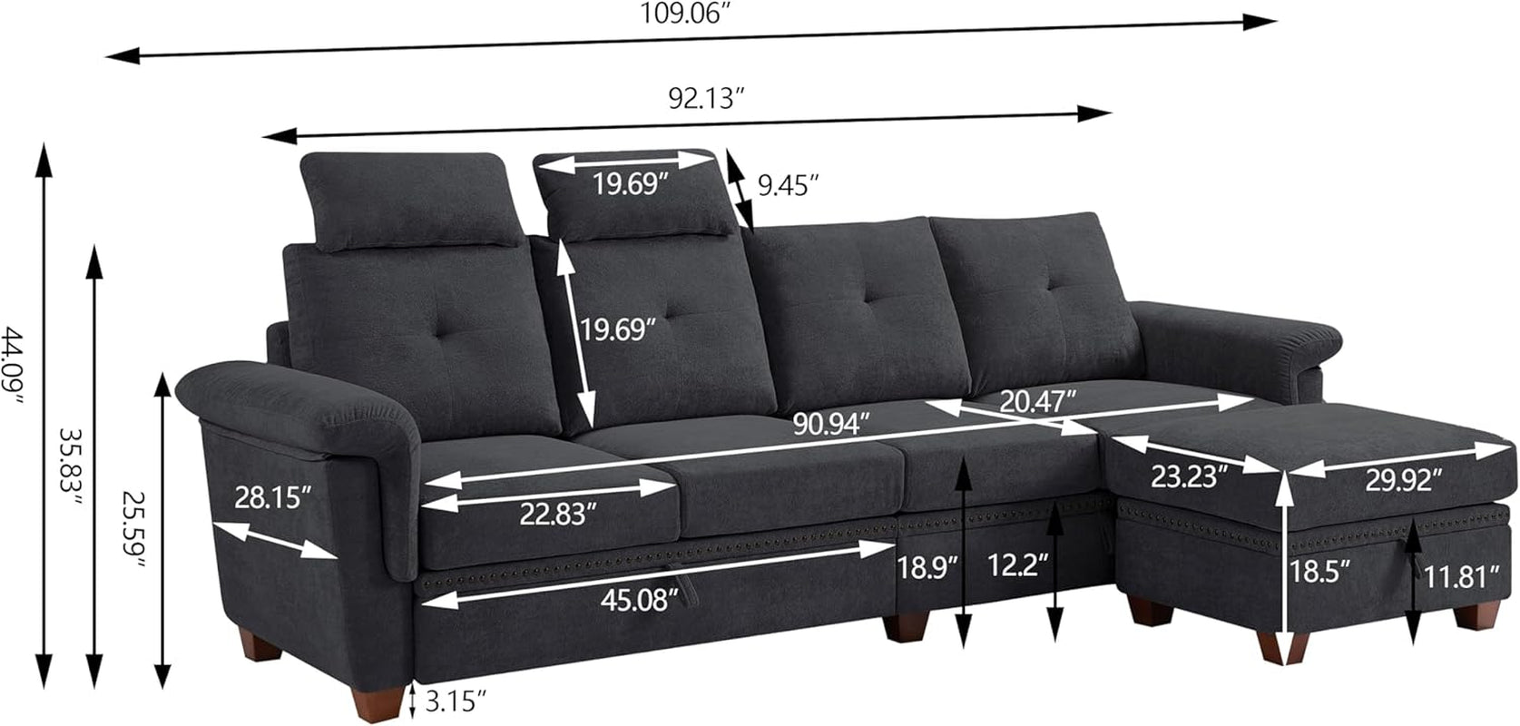 L Shaped Sectional Sofa With Storage Chaise Dark Grey ShipItFurniture