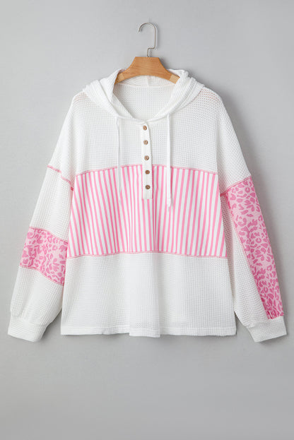 Pink Stripe Leopard Patchwork Waffle Knit Buttoned Plus Size Hoodie