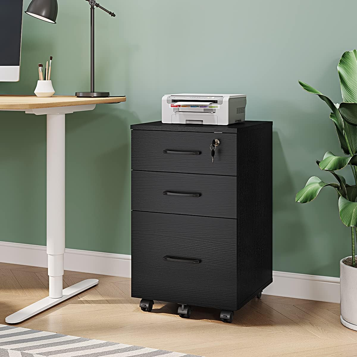 3 Drawer Wood Mobile File Cabinet With Wheels Black Under Desk Office Storage For Home Office Use ShipItFurniture