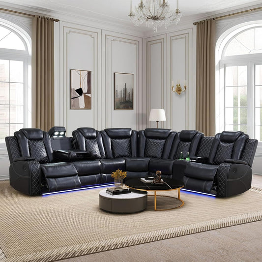 Power Recliner Sectional Sofa Set, Leather Sectional Sofa Sets for Living Room, Power Reclining Sectional Couch with Led Lights, Cup Holder, Wireless Charging, Hidden Storage, Black